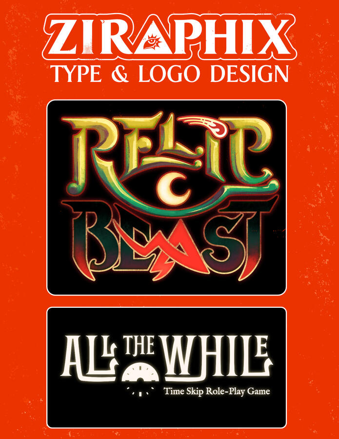 Logo designs made to evoke themes of a high magic setting epic fantasy, Relic Beast, or a relaxing slice of life rpg, All the While.